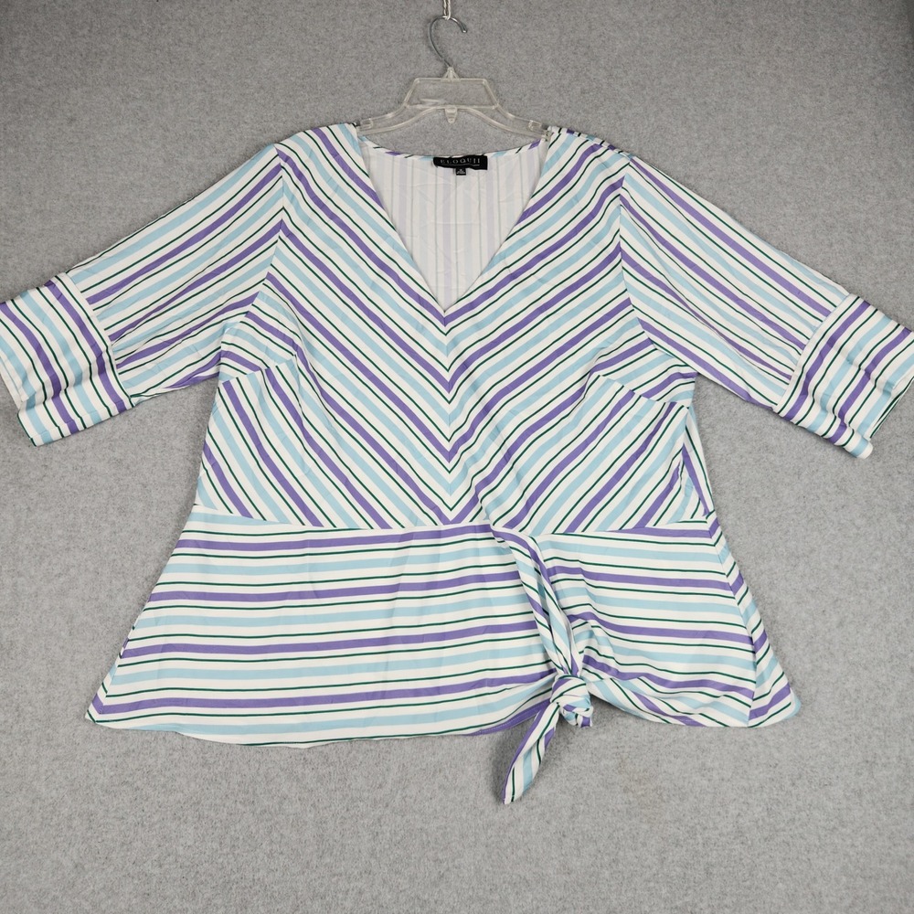 Eloquii‎ Blouse Womens 18 Multicolor Striped 3/4 Sleeve V Neck Peplum Knot Hem